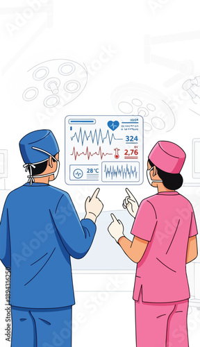 Medical professionals analyzing vital signs on a digital display with healthcare data and heart rate monitoring