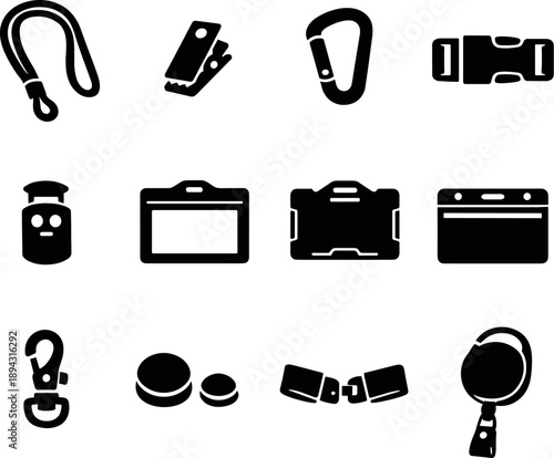Solid vector icons of badge accessories: badge lanyard, badge clip, carabiner hook, strap buckle, cord lock, badge case, rigid