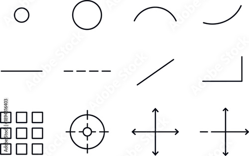 Minimal Line Icons. Line style icons of Minimal glyph shapes: dot, ring, arc, curve; line, dash, stroke, segment; grid, center,