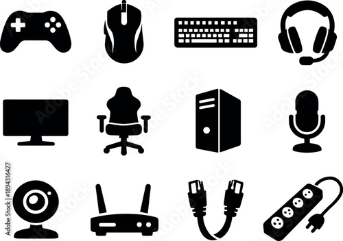 Esports Gaming Icons. Solid vector icons of esports gaming: gaming controller, gaming mouse, gaming keyboard, headset, monitor,