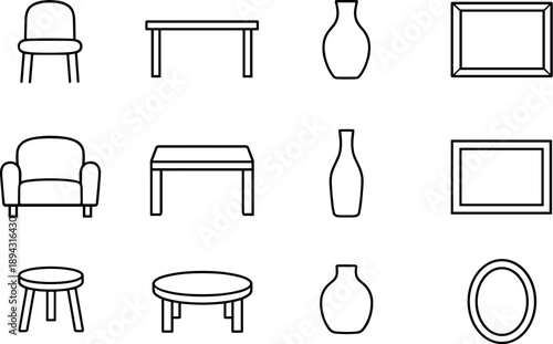 Minimalist Design Icons. Line style of refined affordability icons: minimal chair, clean table, simple vase, frame; design,