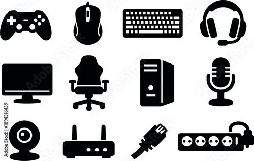 Esports Gaming Icons. Solid vector icons of esports gaming: gaming controller, gaming mouse, gaming keyboard, headset, monitor,