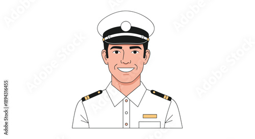Portrait of a Smiling Man in a White Naval or Pilot Uniform and Cap Representing Professionalism Authority and Career Success in a Clean Vector Art Style