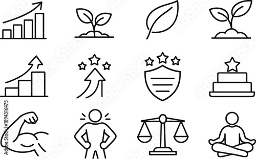 Line style icons of Personal growth progress: growth, plant, sprout, leaf; improve, upgrade, level, rank; confidence, strength,