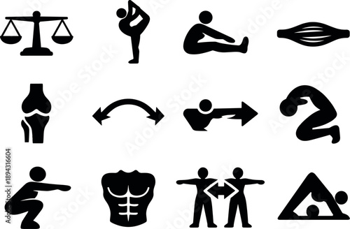 Flexibility Icons. Solid vector icons of flexibility balance: balance, flexibility, stretch, ligament, tendon, joint, range,