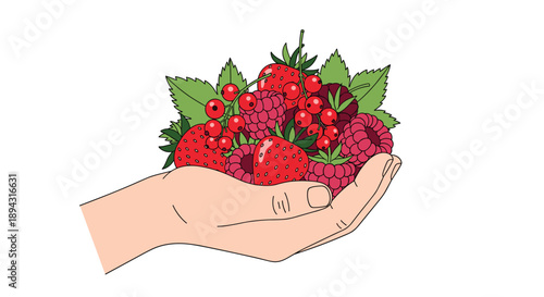 Hand Holding a Variety of Fresh Summer Berries Including Strawberries Raspberries and Currants Representing Healthy Eating and Organic Harvest in Detailed Art