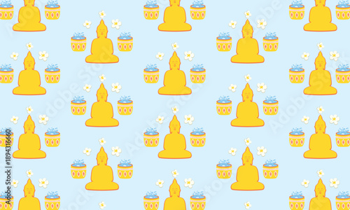 Songkran Seamless Pattern with Water Jar, Buddha Statue, Flowers and Water Splashes