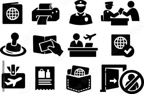Solid vector icons of passport visa: travel document folder, luggage tag printer, security officer, passport inspection, travel
