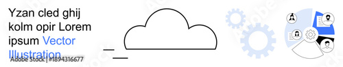 Cloud computing, data integration, digital network, file storage, user profiles, web hosting. Central cloud icon connected to gears and profile icons. Cloud computing and data integration concept