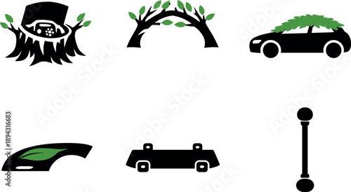 Bio-Integrated Vehicle Icons. Solid vector icons of bio-integrated vehicle forms: wooden trunk sprouting engine bay, branch spread