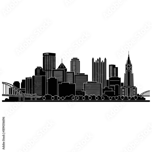 Cityscape Silhouette with Bridge and Trees - Black and White Vector Illustration