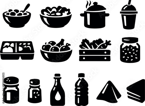 Solid vector icons of healthy eating routine: breakfast bowl, salad bowl, soup pot, smoothie cup, snack box, fruit basket,