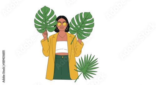Fashionable Woman with Sunglasses and Yellow Jacket Holding Large Monstera Leaves Portraying a Tropical Summer Vibe and Style in a Flat Vector Illustration