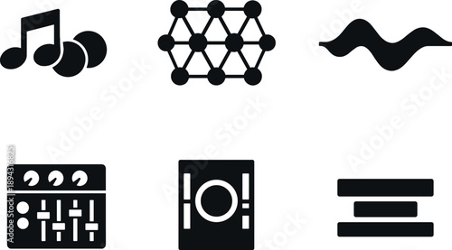Solid vector icons of cross-cultural aesthetic harmonies: consonant interval pair, unified tone lattice, smooth waveform band;