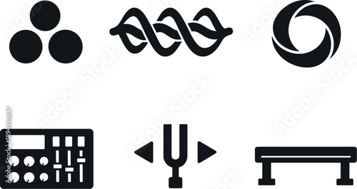 Solid vector icons of pan-cultural aesthetic chord forms: consonant frequency trio, harmonic wave cluster, unified resonance loop