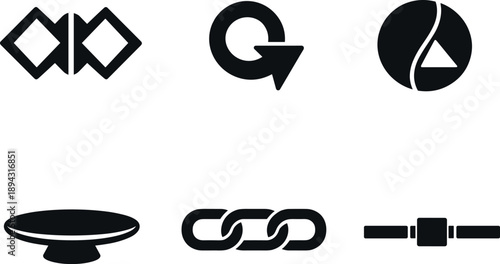 Solid vector icons of attention-binding symmetry plays: mirrored outline band, offset focal hook, balanced asymmetry zone;