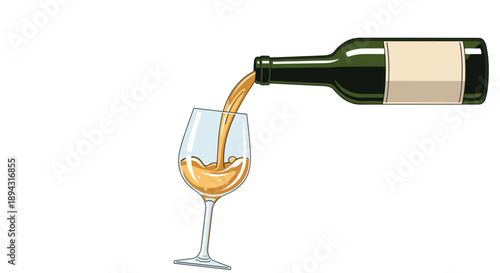 White Wine Being Poured from a Green Bottle into a Clear Glass Illustrating Elegant Fine Dining Celebration and Beverage Service Against a Plain White Background
