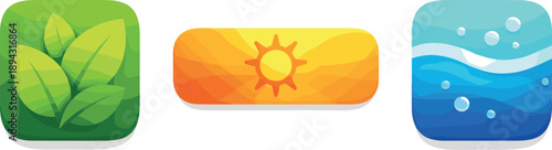 Solid vector icons of evolutionarily positive color blends: foliage-green field, warm sunlight band, clear-water hue; color patch
