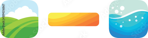 Solid vector icons of evolutionarily positive color blends: foliage-green field, warm sunlight band, clear-water hue; color patch