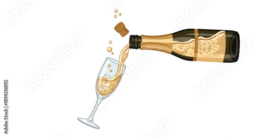 Champagne Pouring from a Gold Bottle into a Crystal Glass with Bubbles and Popped Cork Representing Celebration Toasting and Luxury Events Against White Background