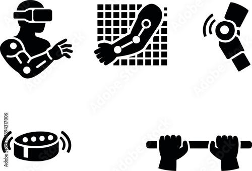 Immersive VR Limb Icons. Solid vector icons of immersive limb-visualization systems: VR limb avatar, real-time tracking grid,