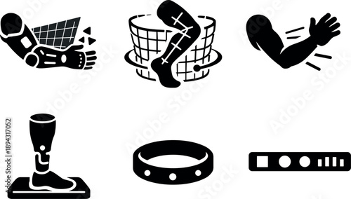 Solid vector icons of VR-enhanced limb awareness: projected cyber limb, dynamic movement mesh, responsive phantom control;