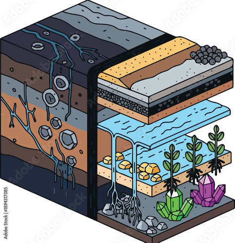 Illustration of geological layers and underground water flow with plants and minerals