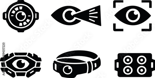 Solid vector icons of advanced artificial-vision implants: enhanced imaging disc, proximity-measure beam, composition-scan layer;