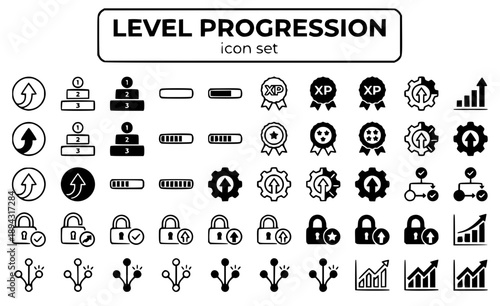 Level Progression Advancement Leveling Up Tier Rank Experience Stage Skill Development Unlocking System Vector Icon Set - Player Progression