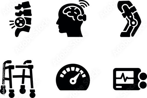 Solid vector icons of neural-mobility restoration devices: implanted spine node, thought-driven signal relay, assisted-movement