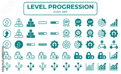 Level Progression Advancement Leveling Up Tier Rank Experience Stage Skill Development Unlocking System Vector Icon Set - Player Progression
