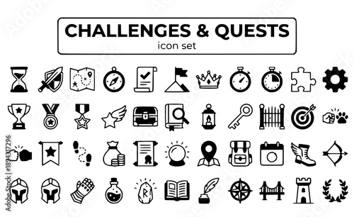 Challenges Quests Missions Tasks Objectives Goals Daily Achievement Completion Progress Rewards Gamification Vector Icon Set - Quest System