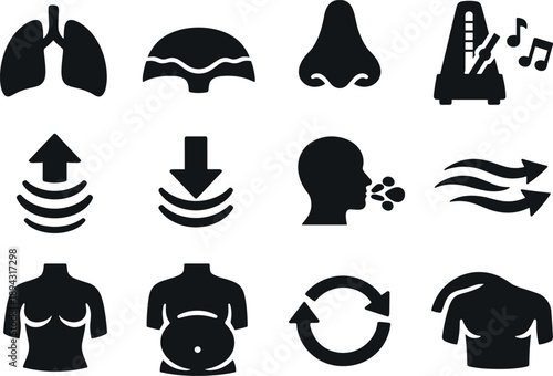 Breathing Technique Icons. Solid vector icons of breathing technique: lungs, diaphragm, nostril, rhythm, count, inhale, exhale,