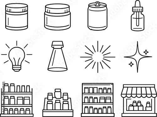 Line style icons of luminous product package: container, jar, can, vial; light, beam, ray, flare; shelf, display, store, retail