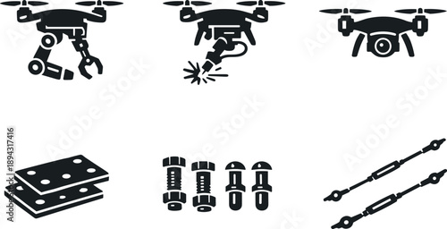 Autonomous Drone Icons. Solid style icons of autonomous drone assembly: manipulator drone, welding drone, inspection drone,