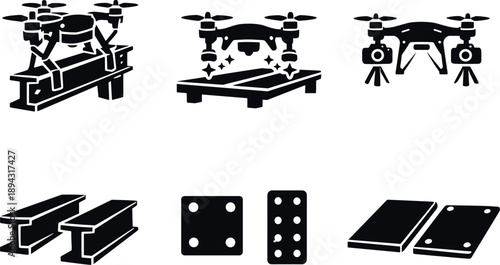 Solid style icons of final bridge formation by drone swarm: finishing-assembly drones, polishing drones, quality-control drones,