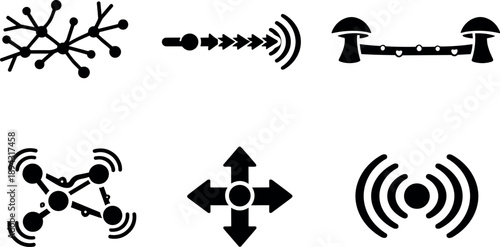 Solid style icons of signal propagation through mycelium: branching hypha networks, accelerating pulses, long-distance conduits,