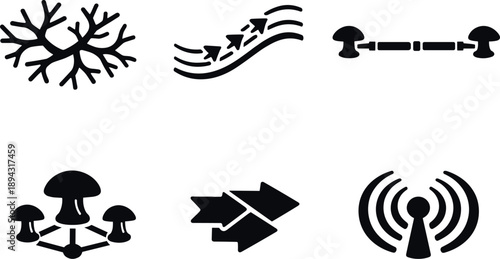 Solid style icons of signal propagation through mycelium: branching hypha networks, accelerating pulses, long-distance conduits,