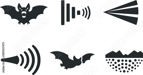 Solid style icons of ultrasonic call emission: open-mouthed bat, high-frequency pulses, narrow sound beams, directional arcs,