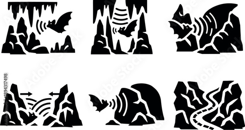 Solid style icons of echolocation in complex environments: dense cave formations, stalagmites, narrow gaps, echo reflections,