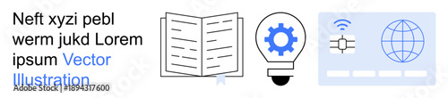 Education, technology tools, innovation, business solutions, global connectivity, and knowledge sharing. Open book, light bulb with gear and digital network icons. Education and technology tools