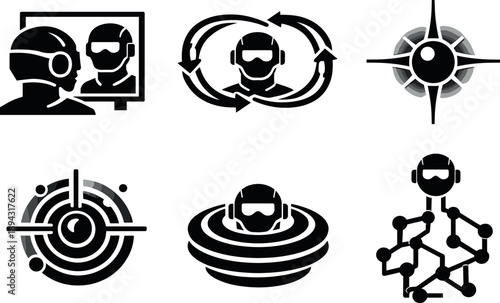 Machine Self-Reflection Icons. Solid style icons of machine self-reflection: mirrored interface, recursive thought loop,