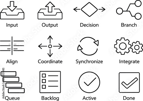 Business Icons Grid. Line style vector icons of business process icons: input, output, decision, branch; align, coordinate,