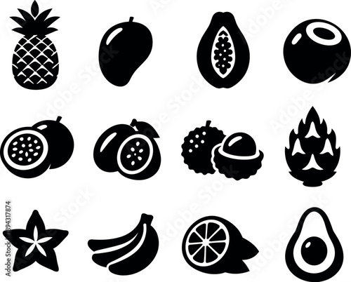 Solid vector icons of tropical fruits: pineapple, mango, papaya, coconut, passion fruit, guava, lychee, dragon fruit, starfruit,