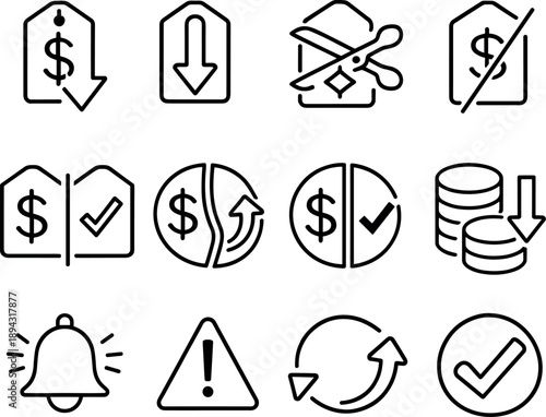Price Reduction Icons. Line style vector icons of price reduction icons: price drop, markdown, cut, slash; compare, before, after,
