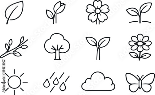 Line Style Icons. Line style vector icons of new growth: leaf, bud, bloom, sprout; branch, tree, shoot, flower; sun, rain, cloud,