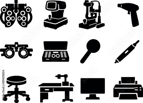 Solid vector icons of eye examination: phoropter, autorefractor, slit lamp, tonometer, trial frame, lens set, occluder, pointer,