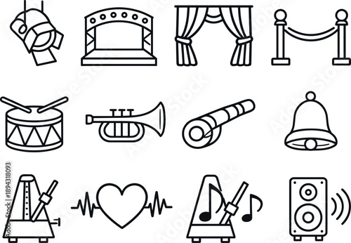 Line style icons of festive performance decor: spotlight, stage, curtain, rope; drum, horn, whistle, bell; rhythm, beat, tempo,