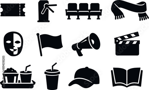 Fan Experience Icons. Solid vector icons of fan experience: ticket stub, turnstile, seat row, scarf, face paint, banner flag,