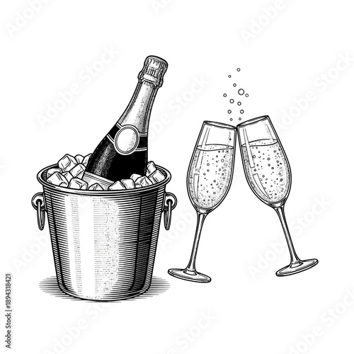 Champagne bottle in ice bucket with clinking glasses, celebratory toast, vintage sketch style
